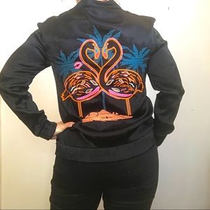 H&M Black Bomber Jacket Flamingo Embroidery